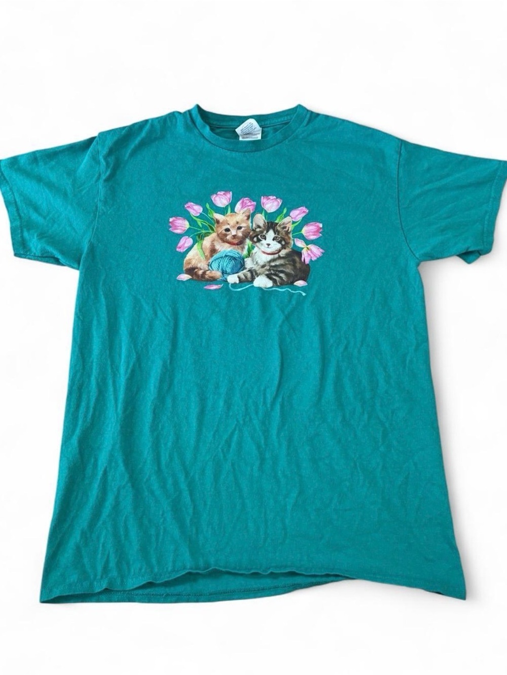 Teal Cat & Flowers Cotton T Shirt Medium